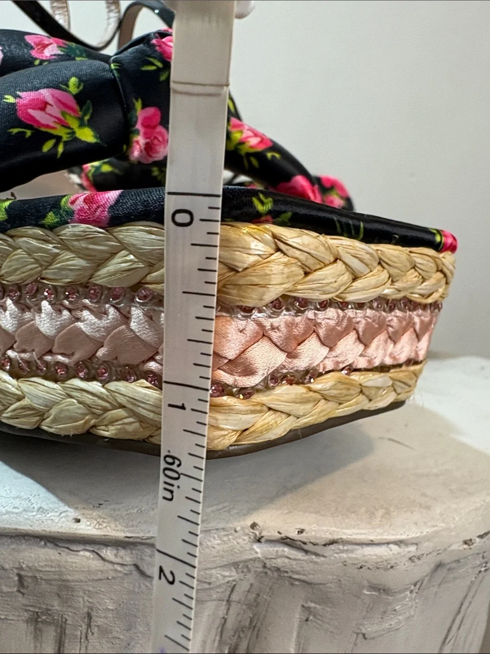 Betsey Johnson Rhinestone Bedazzled Floral “Pansie” Braided Raffia Wedge Sandals